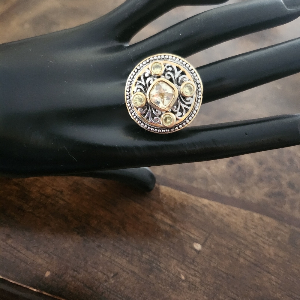 Premier Designs Clear Crystal Medallion Gold Silver Tone Legacy Ring